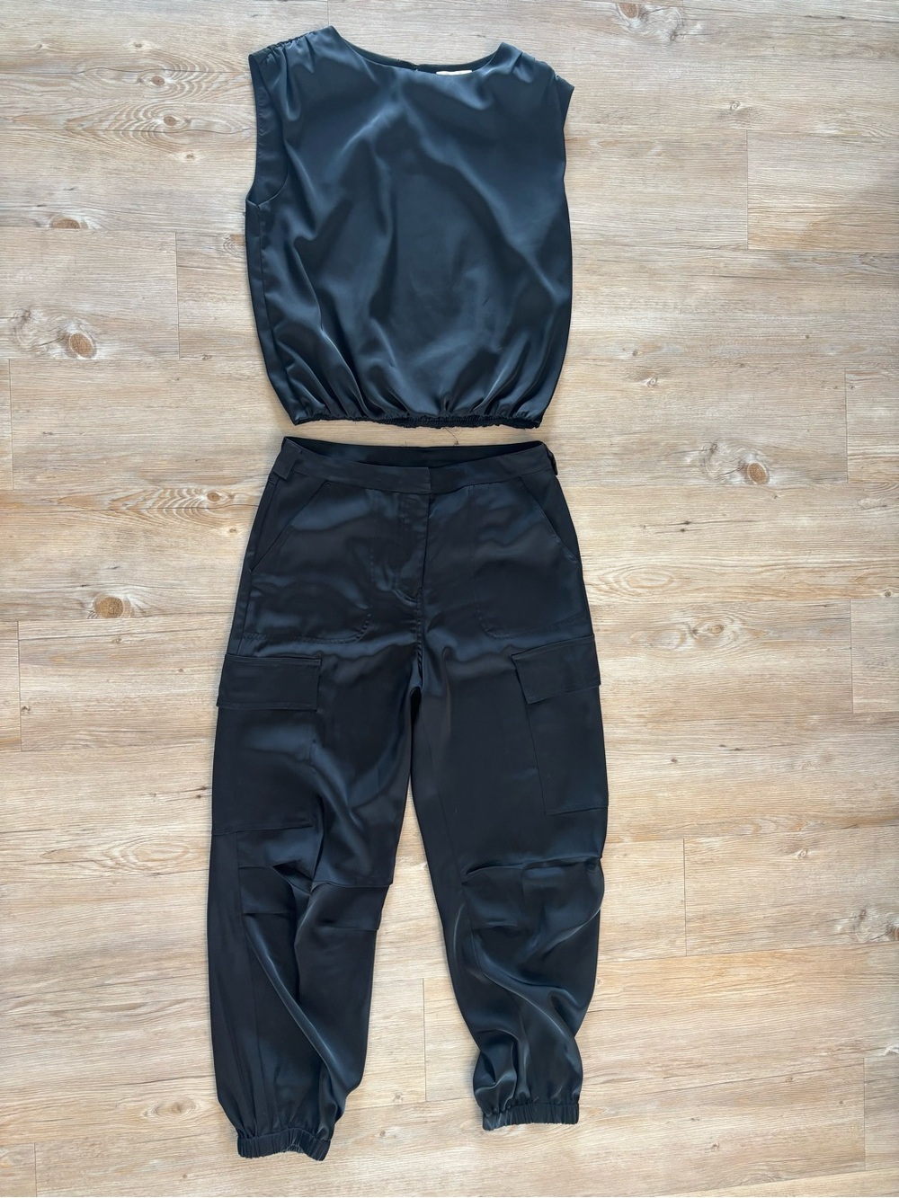 Skies Are Blue Black Satin Crop Top & Cargo Jogger Set